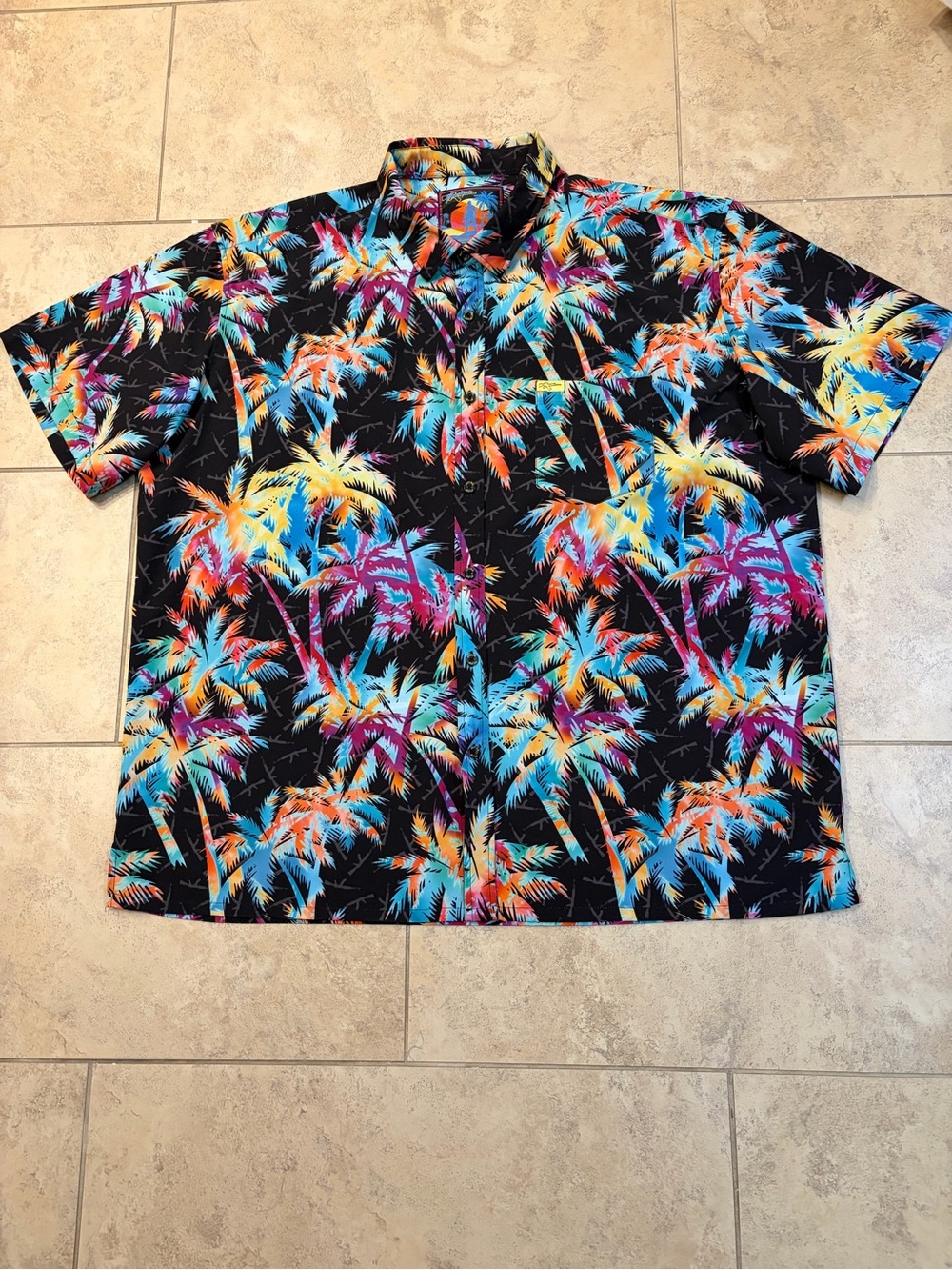 Retro Rifle Supersonic Palm Shirt Mens [3XL] Neon Hawaiian Tropical Gun Button